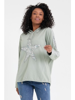 Pua Fashion Haki Yıldız Payetli Kapşonlu Sweat-Shirt
