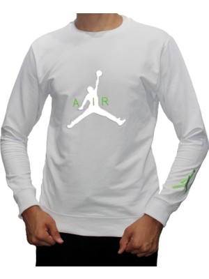 Kıyılı Erkek Bisiklet Yaka Desenli Beyaz Air Jordan Sweatshirt