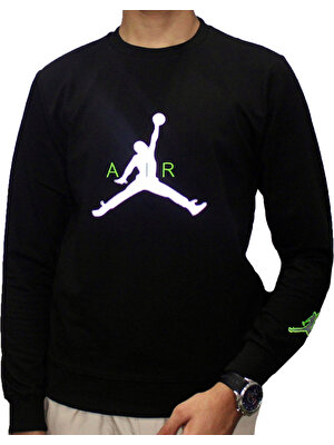 Kıyılı Erkek Bisiklet Yaka Desenli Siyah Air Jordan Sweatshirt