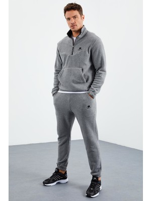 Tommy Life  Gri Melanj Erkek Yarım Fermuar Dik Yaka Lastik Paça Polar Eşofman Takımı - 85159