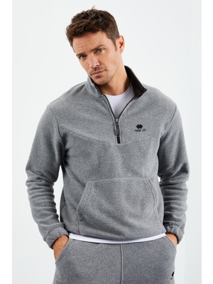 Tommy Life  Gri Melanj Erkek Yarım Fermuar Dik Yaka Lastik Paça Polar Eşofman Takımı - 85159