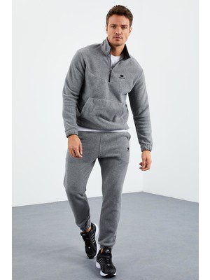 Tommy Life  Gri Melanj Erkek Yarım Fermuar Dik Yaka Lastik Paça Polar Eşofman Takımı - 85159