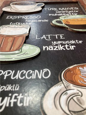 3 Boyutlu Ahşap Tablo  Kahve Çeşitleri Mutfak Cafe Için 3D Görünümlü Mdf Duvar Dekoru 20 x 30 cm