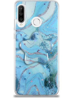 Case World Caseworld Huawei P30 Lite Kapak Mermer Desenli Pop Socketli Silikon Kılıf - Mavi