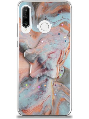 Case World Caseworld Huawei P30 Lite Kapak Mermer Desenli Pop Socketli Silikon Kılıf - Mercan