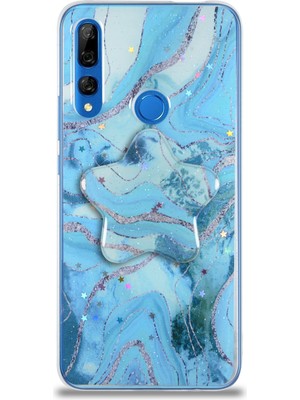 Case World Caseworld Huawei Y9 Prime 2019 Kapak Mermer Desenli Pop Socketli Silikon Kılıf - Mavi