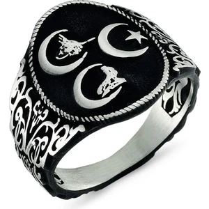 Üç Hilal Bozkurt Motifli Taşsız Gümüş Erkek Yüzük