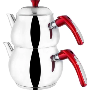 Hazar Pazar Çaydanlık Çelik Kırmızı Kulp Orta Boy 3,10 Litre Kendinden Süzgeçli Demlik Çift Kapak