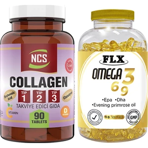 Collagen (Kollajen) 1000 Mg Tip 1 - 2 - 3 Glutatyon Vitamin C - E  90 Tablet & Flx Omega 3-6-9 Balık Yağı 90 Softgel