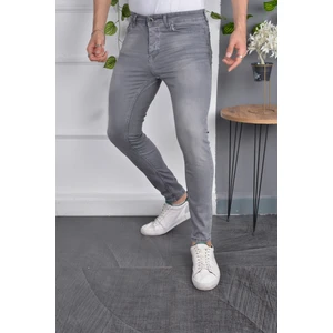 Erkek Jeans Skinny Fit Likralı Eskitilmiş Görünümlü Gri Dar Paça Kot Pantolon