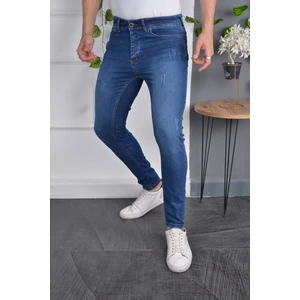 Erkek Jeans Slim Fit Likralı Dar Paça Tırnaklı Mavi Kot Pantolon