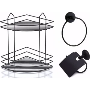 Banyo Aksesuar Seti 2'li Siyah , Ömür Boyu Paslanmaz Köşelik Duş Rafı Şampuanlık Siyah Ek-02