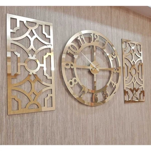 Wooden Factory 3lü Duvar Saati Normal Rakamlı Altın Pleksi Saat
