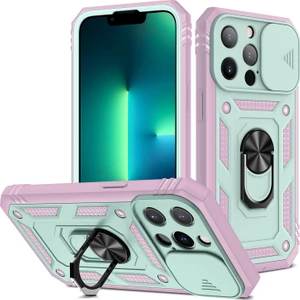 iPhone 13 Pro  Slayt Lens Kapağı Kart Yuvası Halkalı Standlı Kılıf Beyaz (Yurt Dışından)