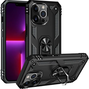 iPhone 13 Pro Max  Çift Katmanlı Halkalı Standlı Kılıf Siyah (Yurt Dışından)