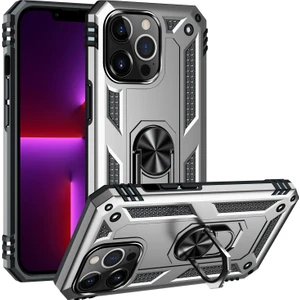 iPhone 13 Pro Max  Çift Katmanlı Halkalı Standlı Kılıf Gümüş (Yurt Dışından)