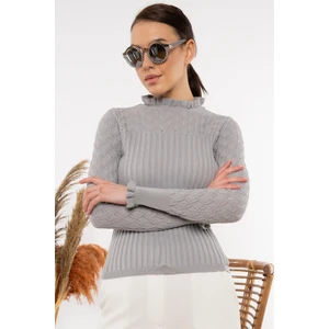 AQE FASHION Kadın Gri Boğazı Fırfırlı Ajurlu Uzun Kollu Kazak