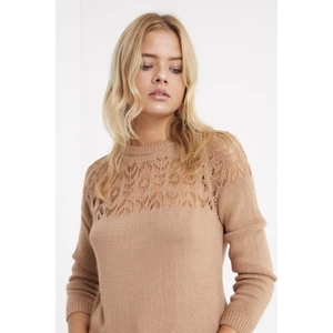 AQE FASHION Kadın Dantel Detaylı Camel Kazak