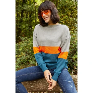 AQE FASHION Kadın Renk Bloklu Gri Kazak