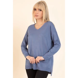 AQE FASHION Kadın Indigo Mavisi V Yaka Mevsimlik Kazak