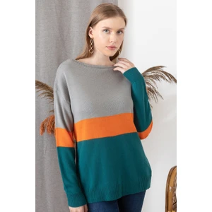 AQE FASHION Kadın Gri Kayık Yaka Bloklu Kazak