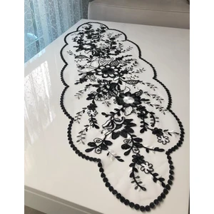 Kordone Nakışlı Tül Runner Örtüsü (Siyah-Krem)