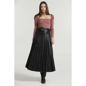 Kadın Siyah Pliseli Deri Etek