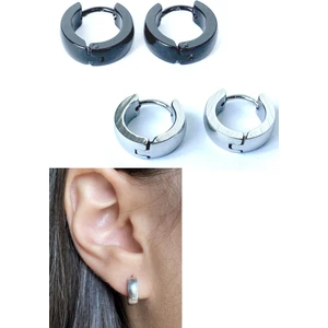 Ikili Bombeli Siyah Gümüş Renk Delikli Kulaklar Için Halka Küpe