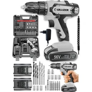 Alman Gtx-56 V 5 Ah Darbeli Metal Şanzuman Bakır Sargili Çift Akülü Vidalama Matkap + 27 Parça Setli Gri