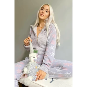 Gri Kartanesi Desenli Kadın Polar Peluş Tulum Pijama