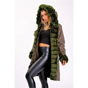 Keyifli Moda Kadın Yeşil Su Geçirmez Kapüşonlu Içi Kürklü Uzun Kaban