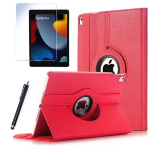 Apple iPad 9 Kılıf 9. Nesil A2602 10.2 Dönebilen Tablet Kılıfı + Ekran Koruyucu + Tablet Kalemi Kırmızı