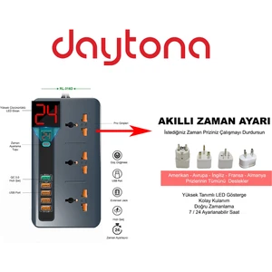 RL-316D Termal Akım ve Isınma Korumalı 5 USB 5V-3.4A Qc3.0 Girişli LED Ekran Saat Zamanlı Uzatma Kablolu Akıllı Priz
