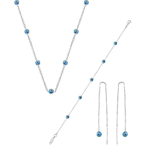 Söğütlü Silver Gümüş Cam Göz Nazar Kolye Küpe ve Bileklik  Gümüş Set
