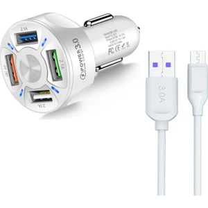 Araç Hızlı Şarj 4 USB 7 A Çoklu Hızlı Şarj +  3 A Hızlı Şarj Kablosu - Type C