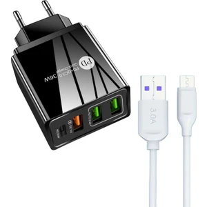 Hızlı Şarj PD20W + Qc3.0 USB + 2.4A Çift USB Çoklu Şarj +  3 A Hızlı Şarj Kablosu - Type C