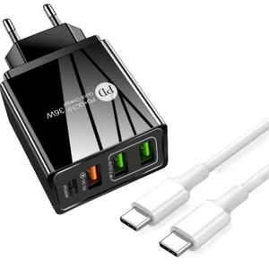 Hızlı Şarj PD20W + Qc3.0 USB + 2.4A Çift USB Çoklu Şarj +  3 A Hızlı Şarj Kablosu - Pd