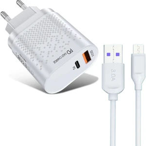 20 W 3 Amper 1 Pd + 1 USB Portlu Hızlı Şarj Cihaz - Çoklu Şarj +  3 A Hızlı Şarj Kablosu - Type C