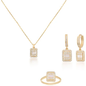 Coşar Silver Baget Taşlı Altın Kaplama Üçlü Gümüş Set