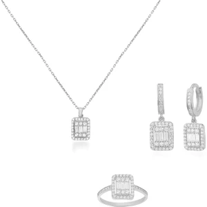 Coşar Silver Baget Taşlı Rodyum Kaplama Üçlü Gümüş Set