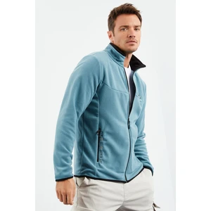 Mint Yeşili Yazı Nakışlı Dik Yaka Fermuarlı Standart Kalıp Erkek Sweatshirt Polar - 87992