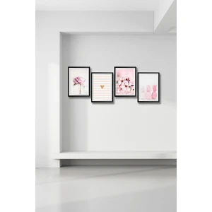 Nt Handmade 4'lü Ahşap Tablo Seti - Pembe Gül Ananas Salon Oturma Odası Yatak Odası Için Çerçeve Görünümlü Mdf Duvar Dekoru 60 x 20 cm
