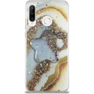 Case World Caseworld Huawei P30 Lite Kapak Mermer Desenli Pop Socketli Silikon Kılıf - Gold