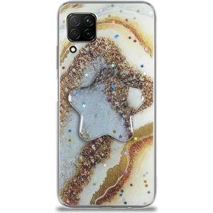 Case World Caseworld Huawei P40 Lite Kapak Mermer Desenli Pop Socketli Silikon Kılıf - Gold
