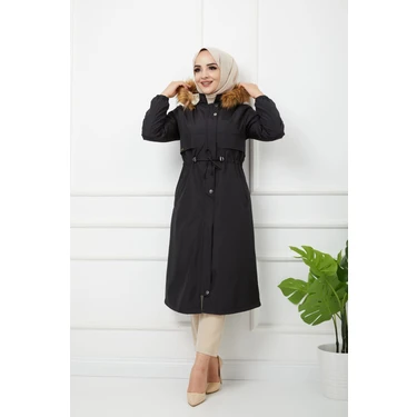 Vibeys Collection Siyah Içi Kürkü ve Su Geçirmez Bayan Kışlık