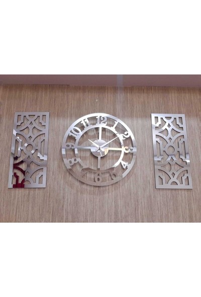 Wooden Factory 3lü Duvar Saati Normal Rakamlı Gümüş Pleksi Saat