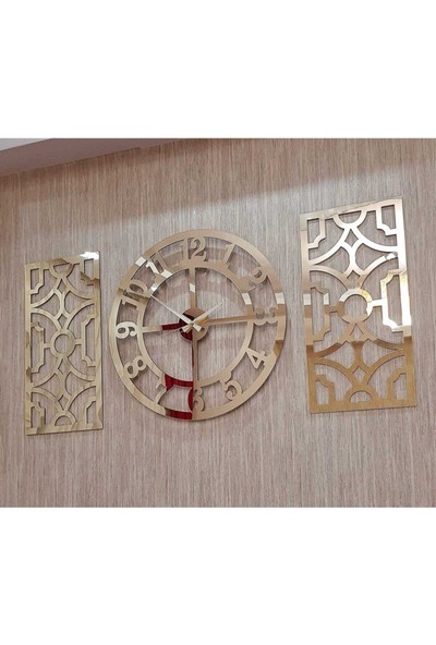 Wooden Factory 3lü Duvar Saati Normal Rakamlı Altın Pleksi Saat