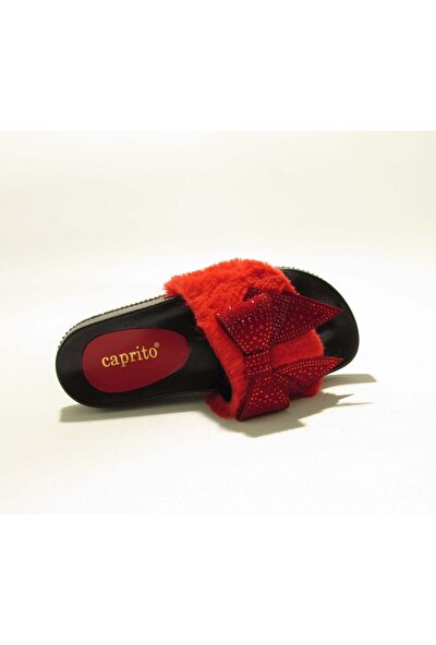 Caprıto CPRT-Y7001 Kırmızı Kadın Tüylü Taşlı Terlik