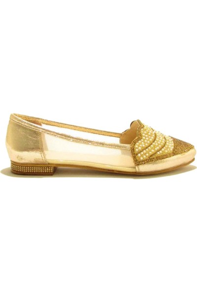 Meshure MSRE102 Altın Kadın Sivri Burunlu Transparan Detaylı Taşlı Abiyelik Babet Ayakkabı