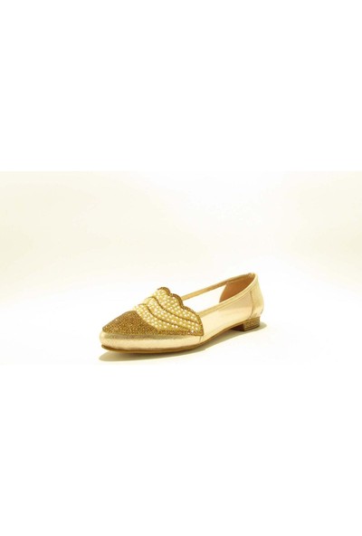 Meshure MSRE102 Altın Kadın Sivri Burunlu Transparan Detaylı Taşlı Abiyelik Babet Ayakkabı